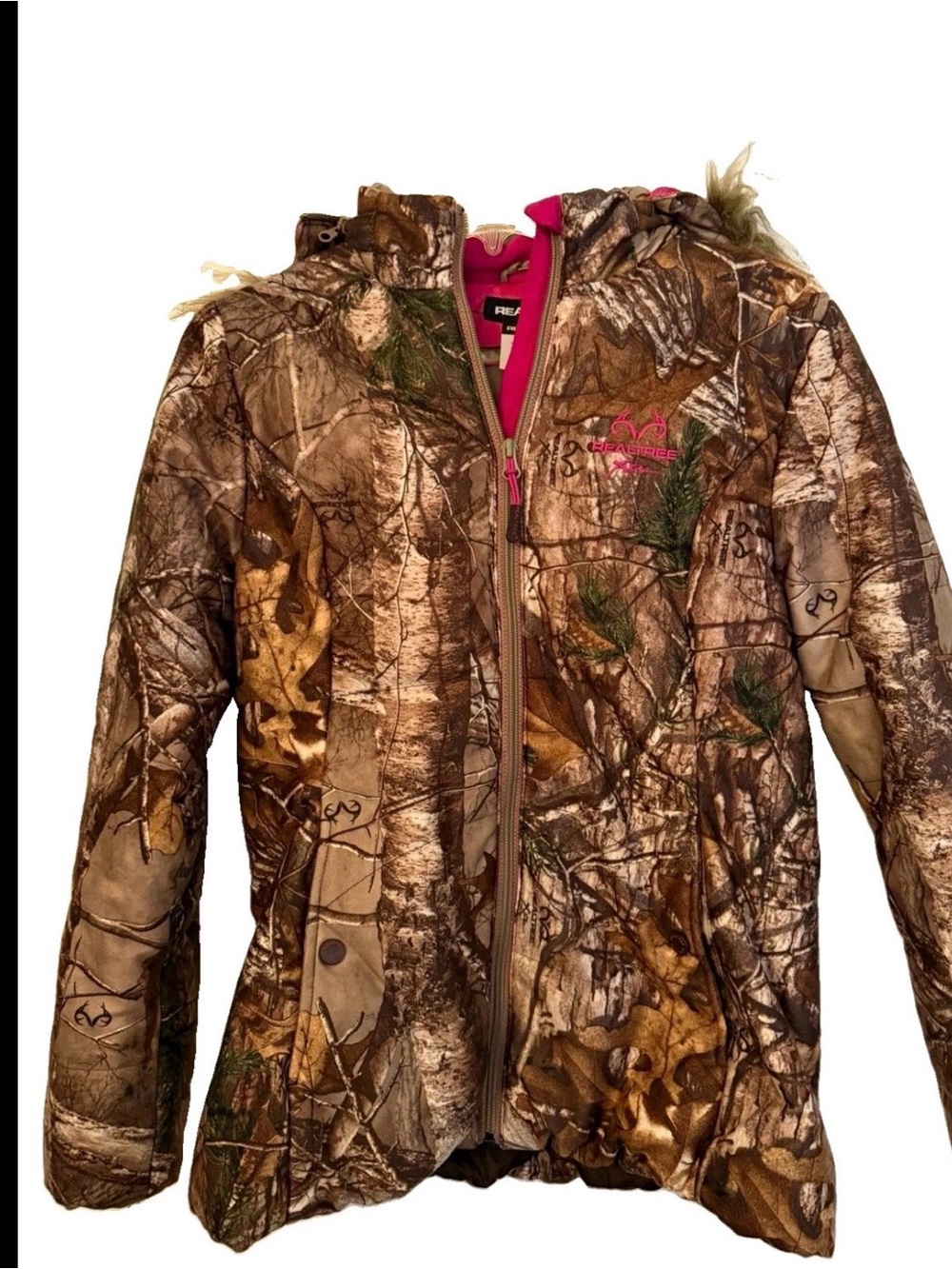 Realtree Womens Camo Hooded Full Zip Jacket Faux Fur Trim Pink Lining Size S